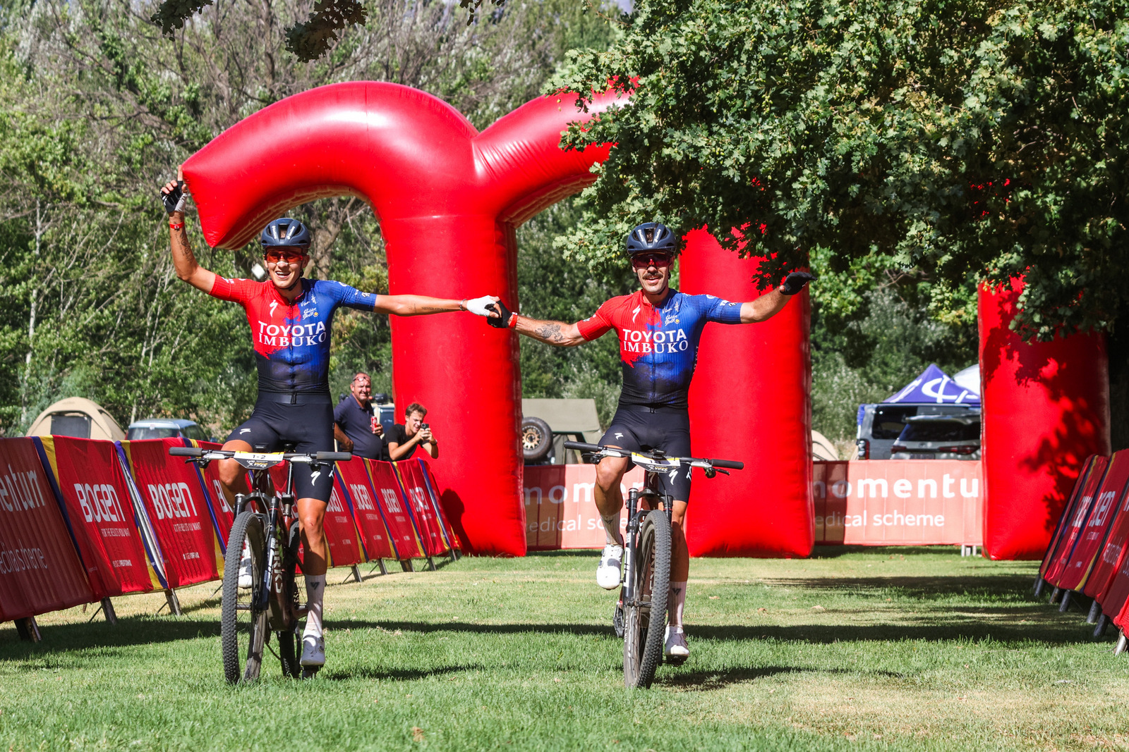 Tristan Nortje (left) and Marco Joubert (right) won the opening stage of the 2026 Momentum Medical Scheme Tankwa Trek, presented by Biogen, on Thursday. Photo by Oakpics.com.