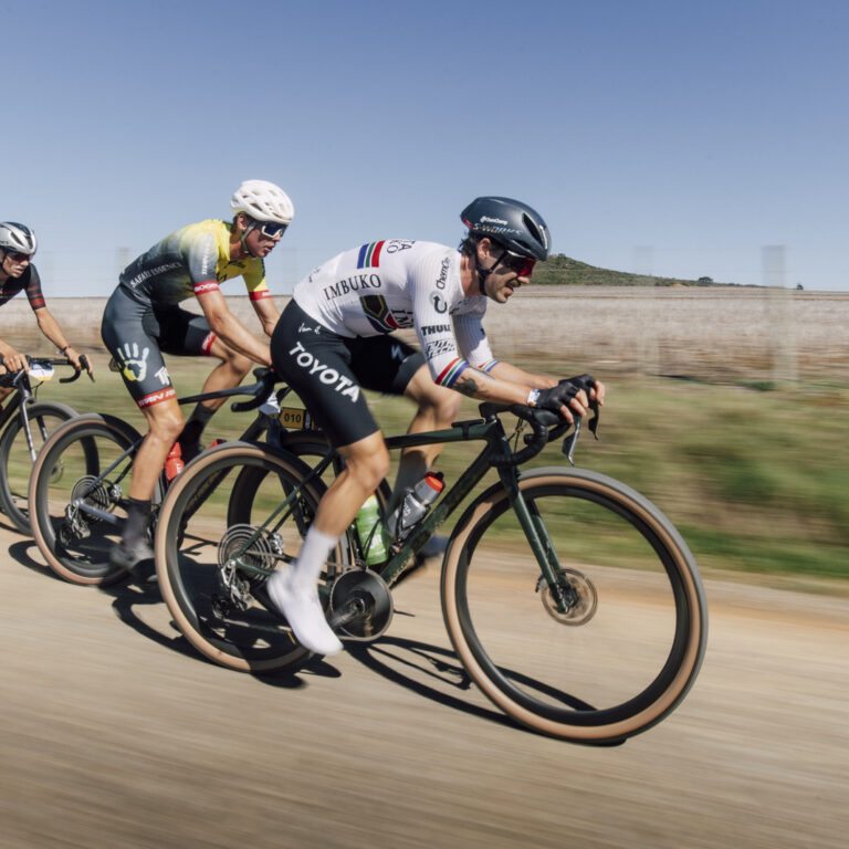 Marco Joubert (leading), Wessel Botha (centre), and Cronje Beukes (left) worked well together to keep the chasing group at bay. Photo by Shift Media Co.