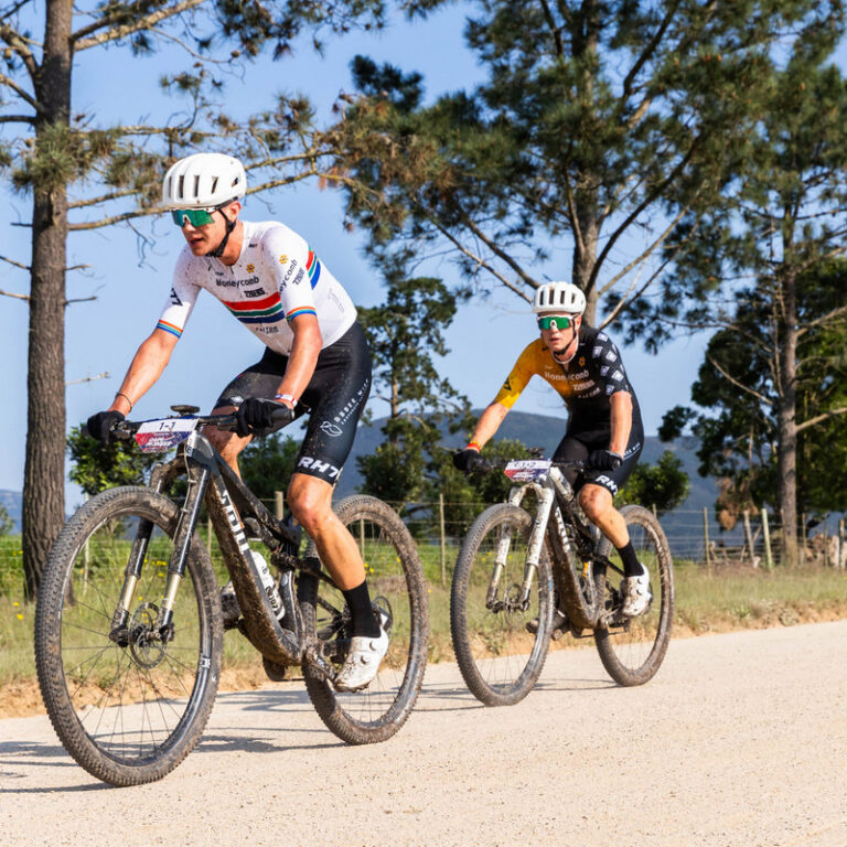 Marc Pritzen (leading) and Felix Stehli won Stage 1 of the 2026 Momentum Medical Scheme Cape Pioneer, presented by Biogen, adding to their 32-inch success on the Stoll Bikes P32s. Photo by Oakpics.com.